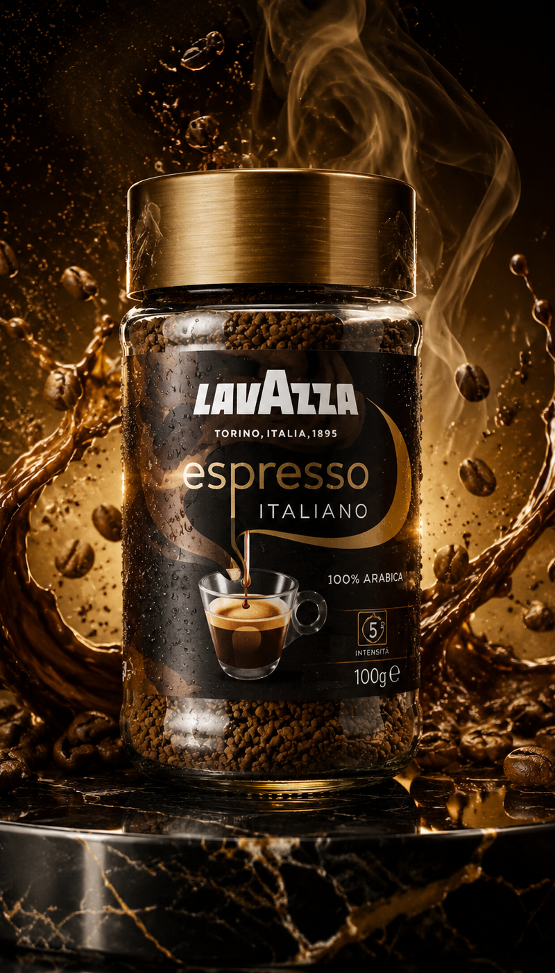 Ultra premium Lavazza coffee jar standing on a polished black marble platform, s