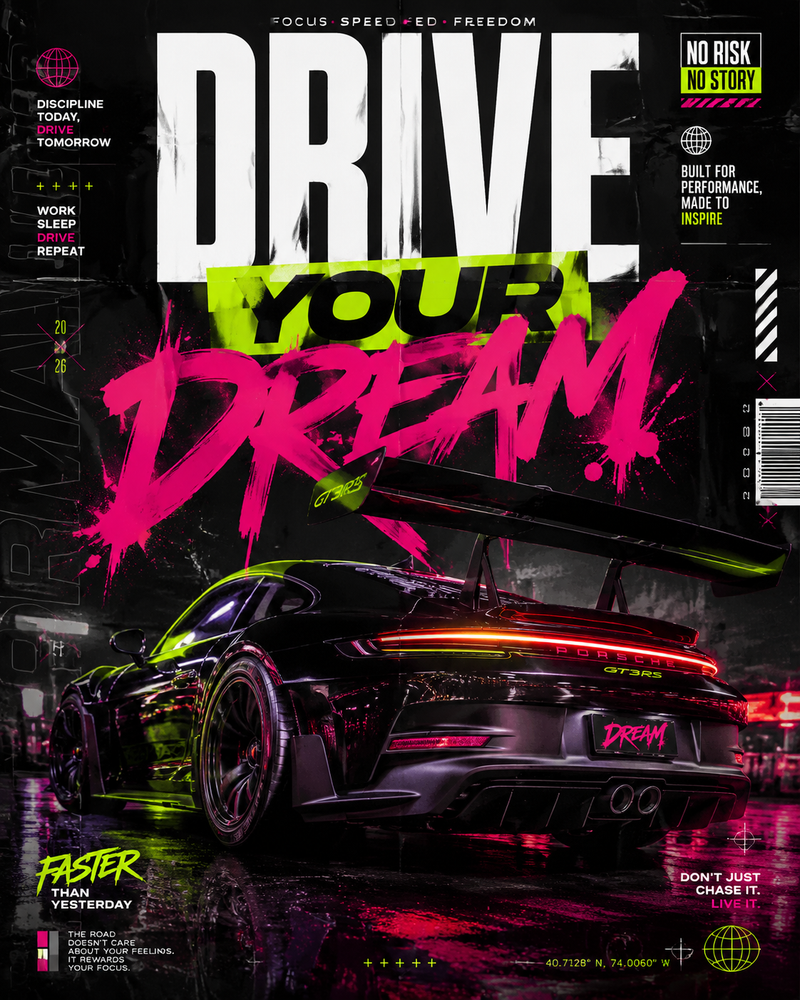 Ultra-premium automotive streetwear poster design featuring a black widebody Por