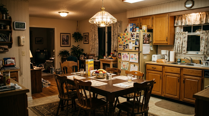 Photorealistic interior photography of a 1990s American suburban kitchen and din