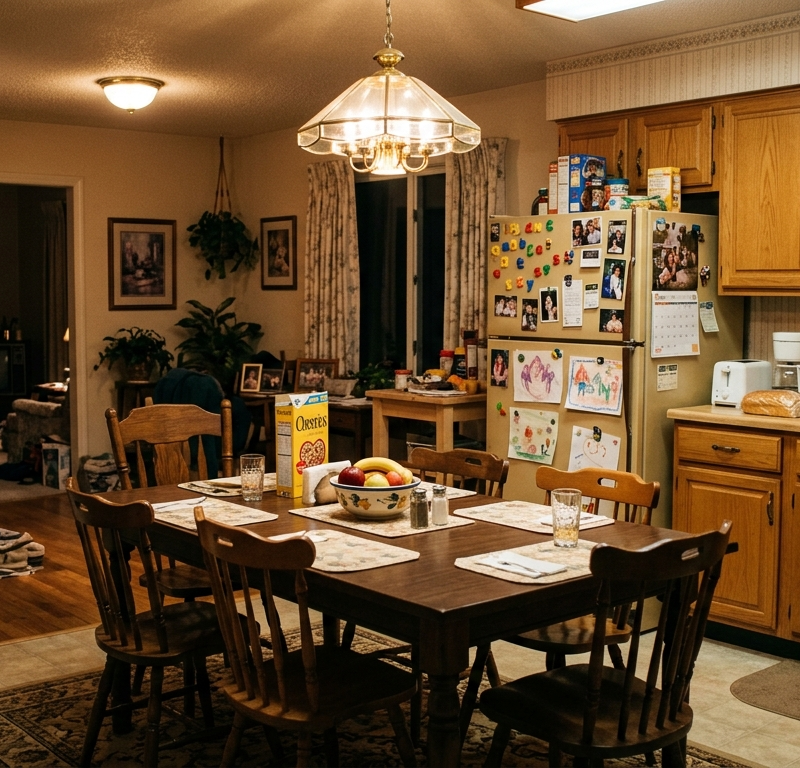 Photorealistic interior photography of a 1990s American suburban kitchen and din