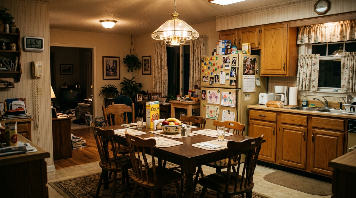 Photorealistic interior photography of a 1990s American suburban kitchen and din
