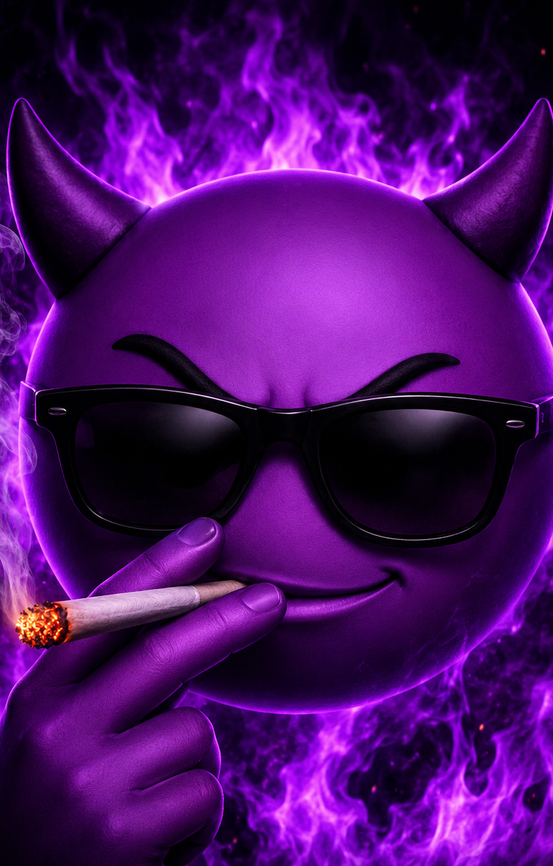 Create an image with a demon emoji smoking and on the tip of the cigarette there