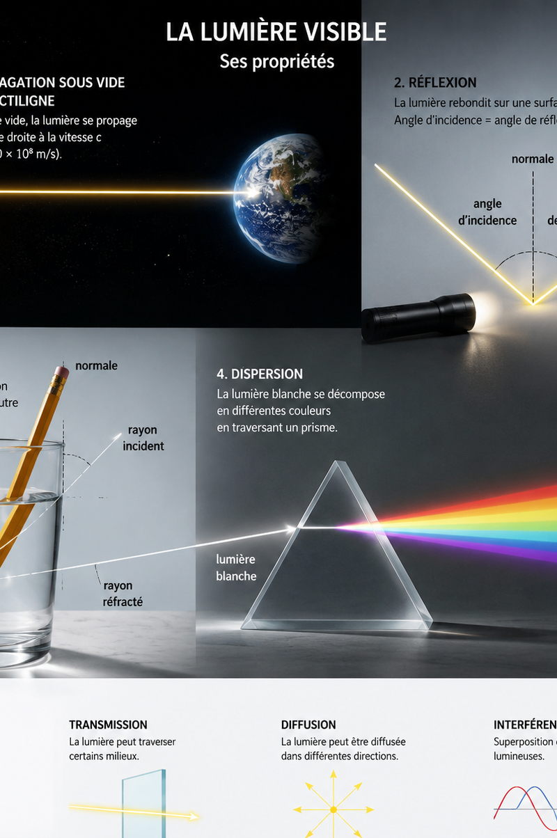 decris moi une image pour illustrer la lumière visible et ses propriétés: inclur