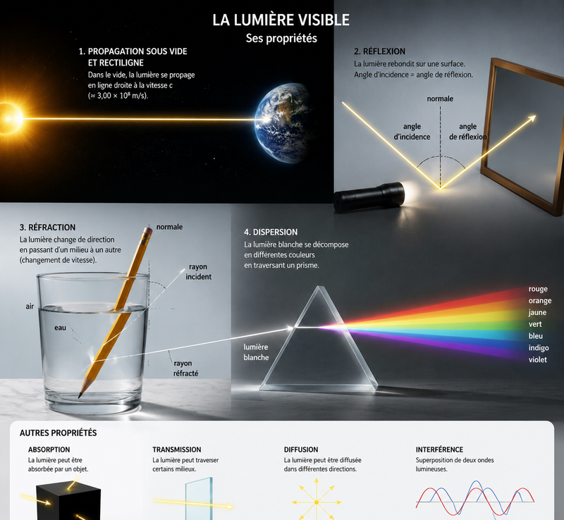 decris moi une image pour illustrer la lumière visible et ses propriétés: inclur
