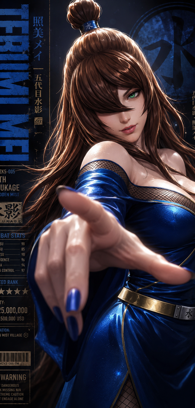 A vertical character poster featuring Terumi Mei (5th Mizukage) as the absolute 
