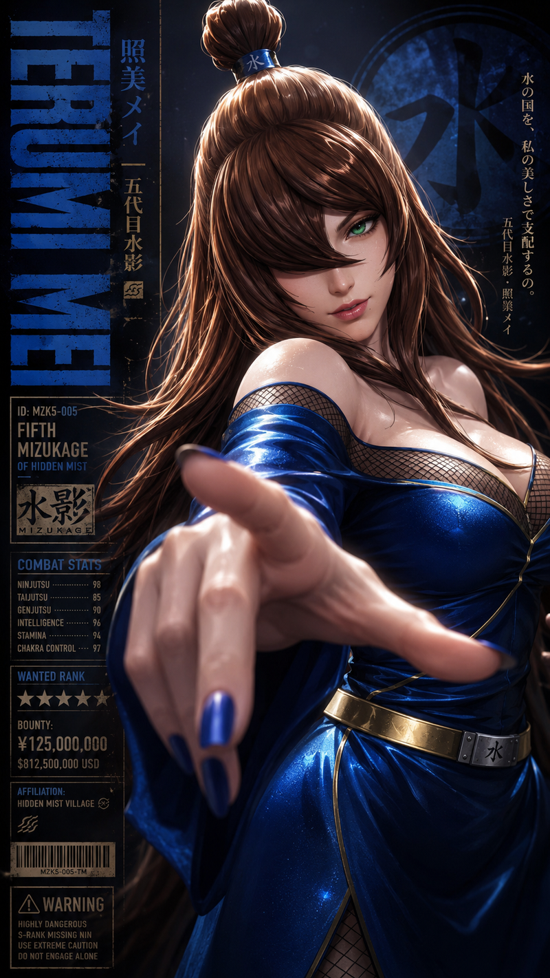 A vertical character poster featuring Terumi Mei (5th Mizukage) as the absolute