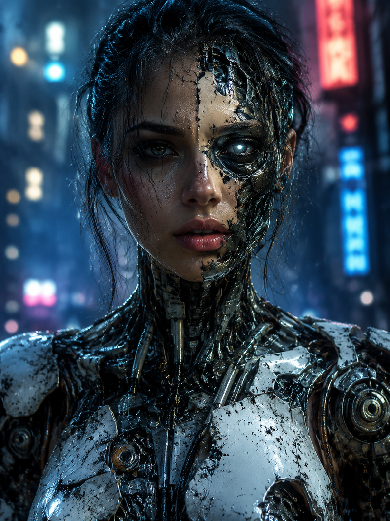 text cyberpunk wasteland city, close-up portrait of a female cyborg, half-mechan