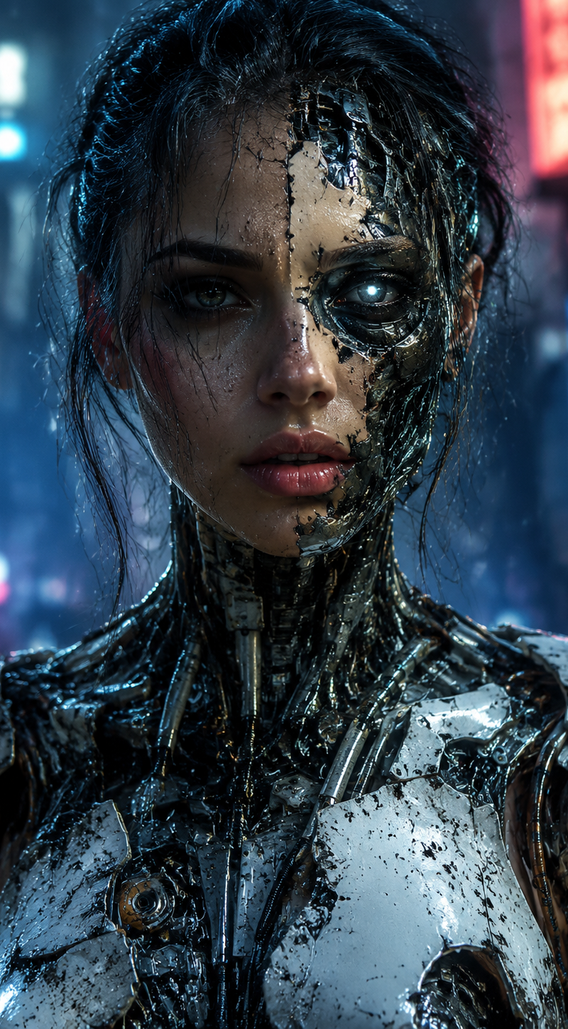 text cyberpunk wasteland city, close-up portrait of a female cyborg, half-mechan