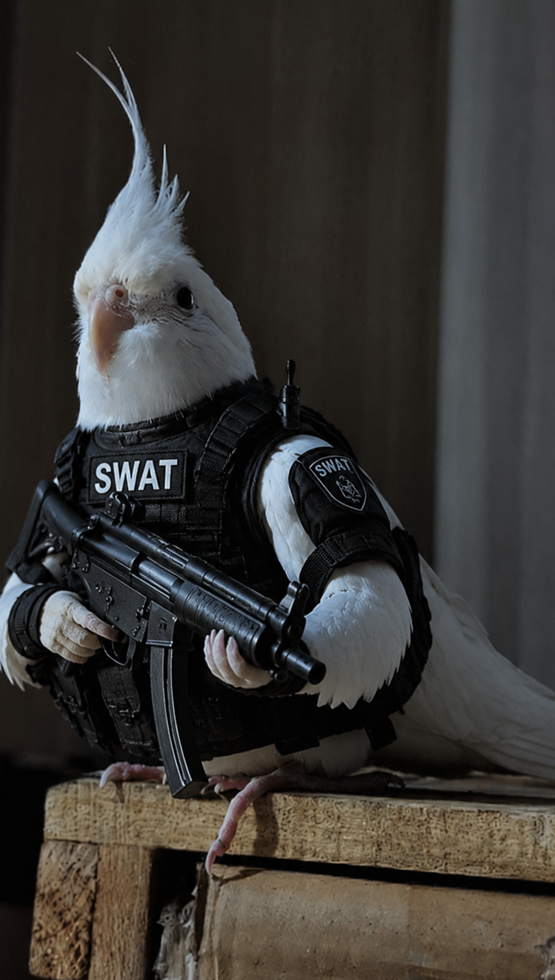 make the cockatiel wear a swat team uniform and hold a MP5 SMG
