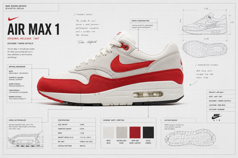 A pristine Nike Air Max 1 sneaker floats in a high-key studio environment, rende