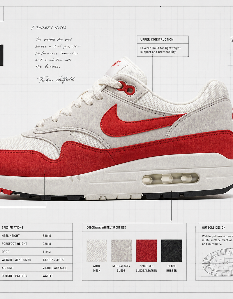 A pristine Nike Air Max 1 sneaker floats in a high-key studio environment, rende