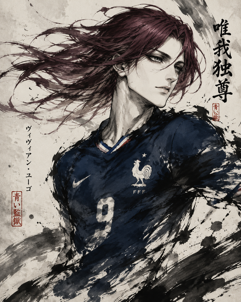 Draw Vivien Hugo from Blue Lock as a Japanese ink painting in the French nationa