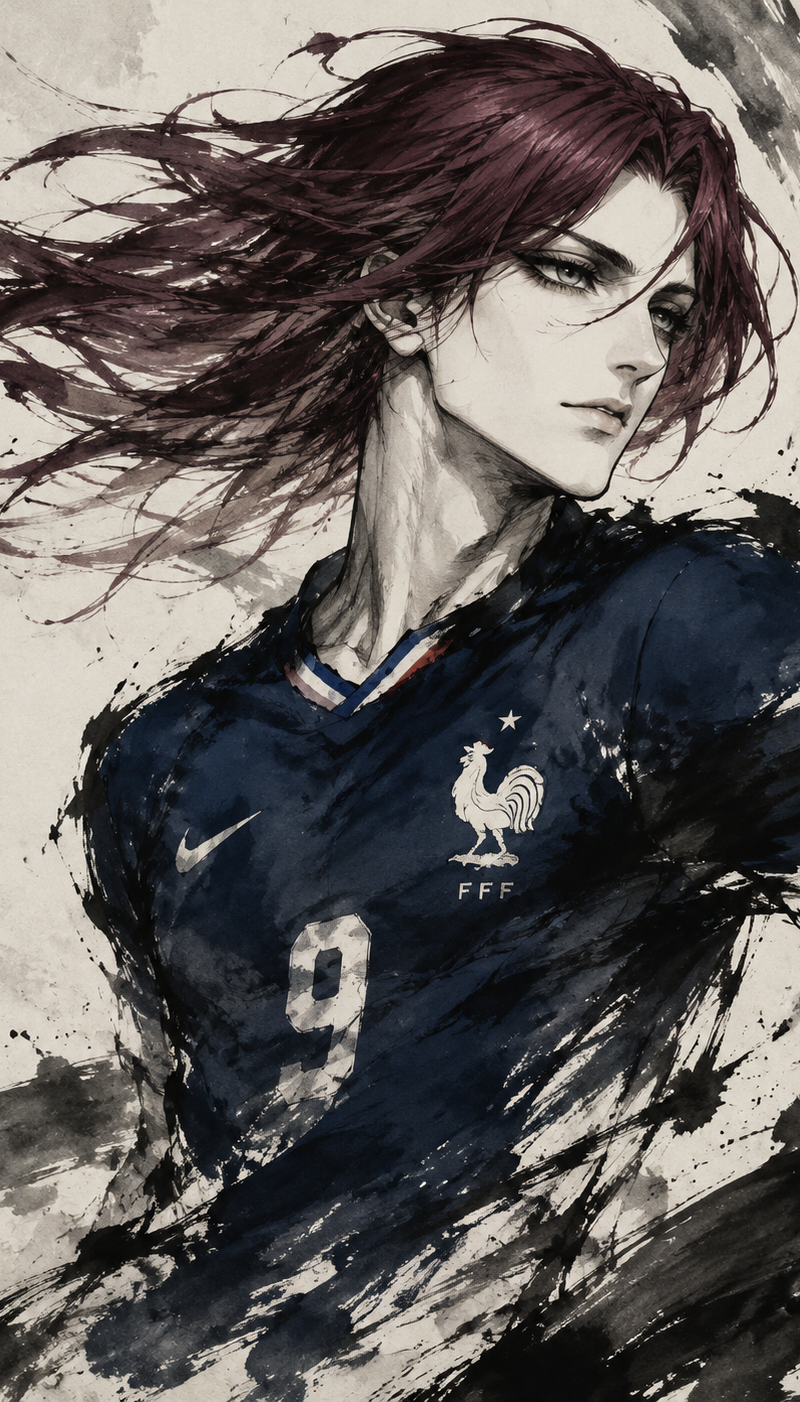 Draw Vivien Hugo from Blue Lock as a Japanese ink painting in the French nationa