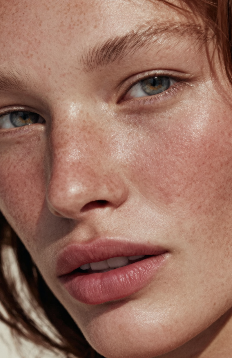 Ultra-realistic beauty editorial upper-body portrait of an pale skin european wo