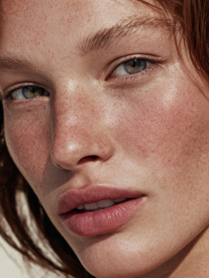 Ultra-realistic beauty editorial upper-body portrait of an pale skin european wo