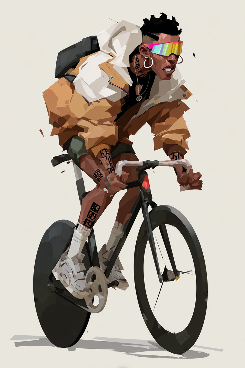 Full body illustration of a stylish urban track cyclist on a bicycle, plain warm