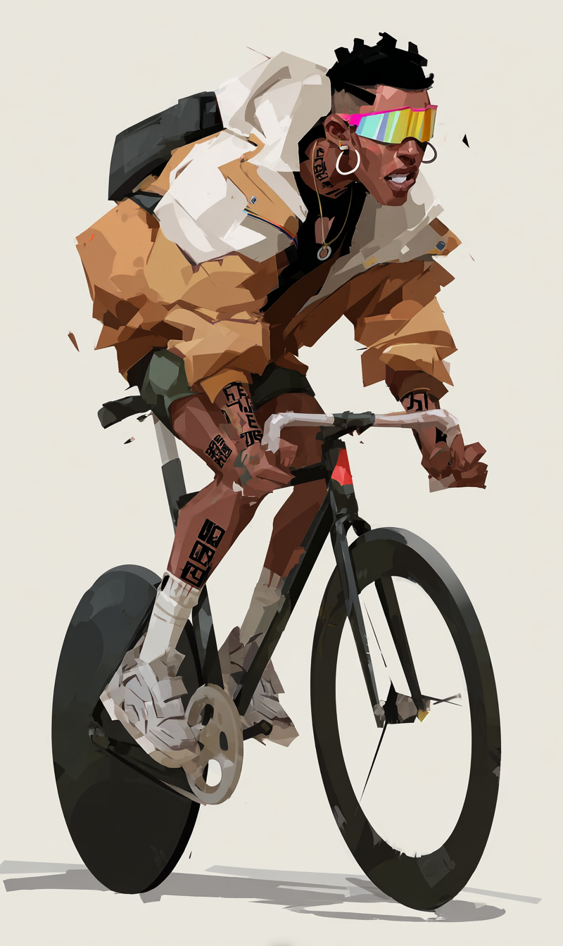 Full body illustration of a stylish urban track cyclist on a bicycle, plain warm