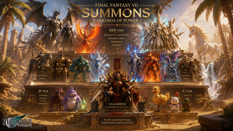 Epic ranking poster of Final Fantasy VII summons, cinematic fantasy lighting, le
