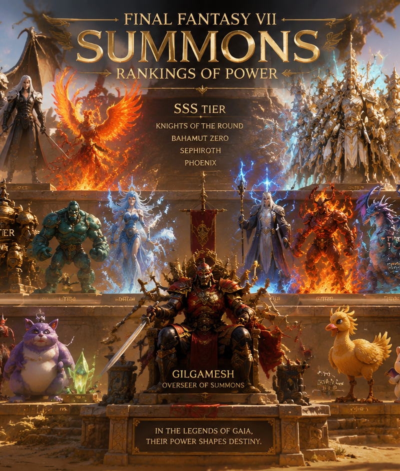 Epic ranking poster of Final Fantasy VII summons, cinematic fantasy lighting, le