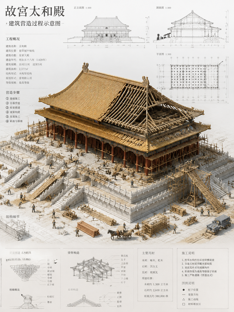 请生成一张竖版 2:3 高清图片，主题为《建筑微缩蓝图》。 建筑名称：[填写具体建筑] 画面是一张现代建筑设计手稿，上面布满中文平面图、剖面图、立面图、结构细节
