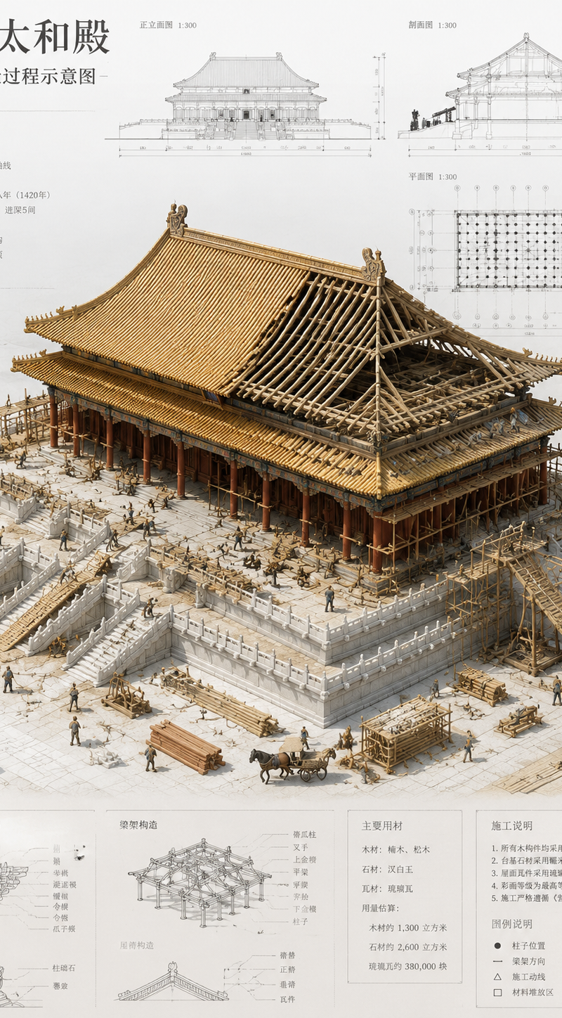 请生成一张竖版 2:3 高清图片，主题为《建筑微缩蓝图》。 建筑名称：[填写具体建筑] 画面是一张现代建筑设计手稿，上面布满中文平面图、剖面图、立面图、结构细节