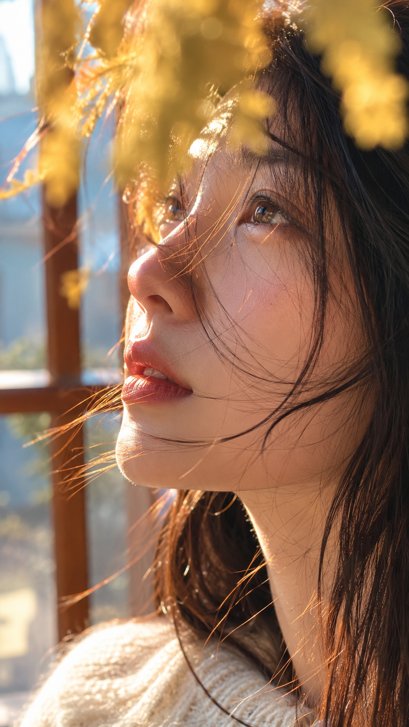Ultra-close side-profile portrait of a young woman, vertical 9:16 composition, s