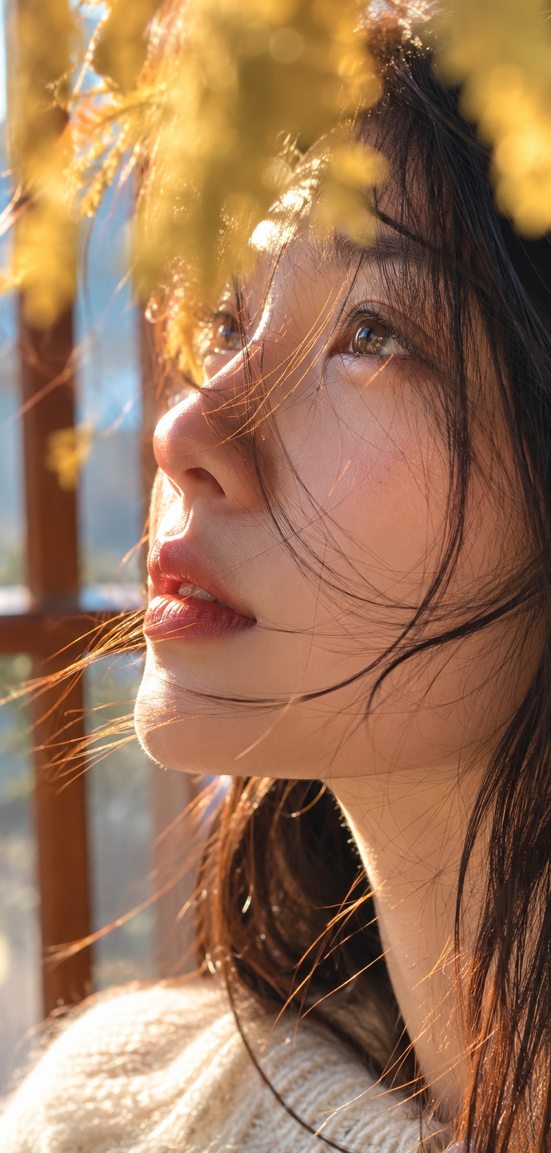 Ultra-close side-profile portrait of a young woman, vertical 9:16 composition, s