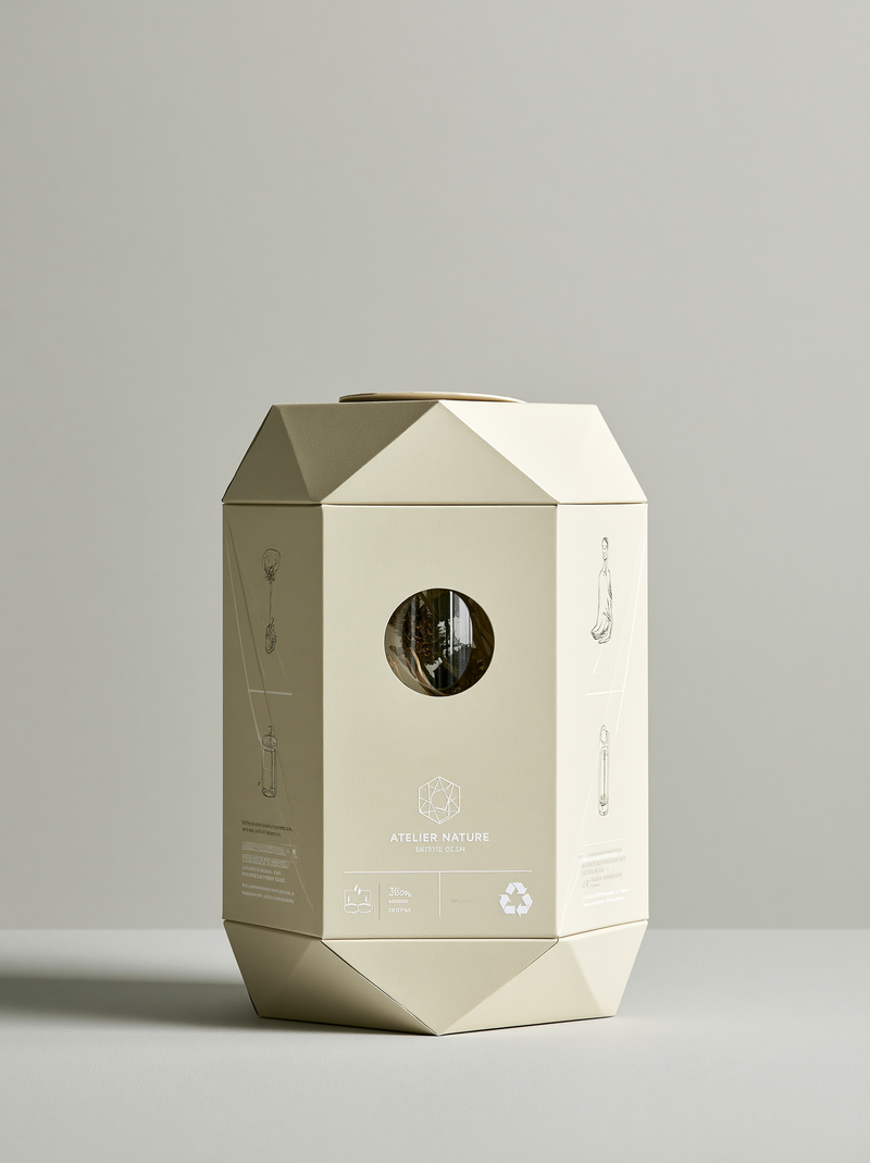 a unique greige bamboo composite canister box with a geometric shape and illustr