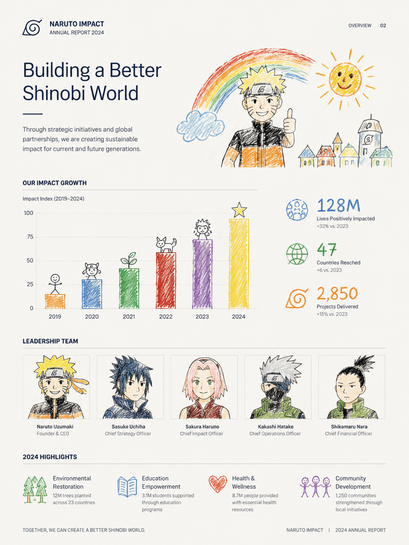 The visuals resemble a serious corporate annual report from Naruto Impact, but a