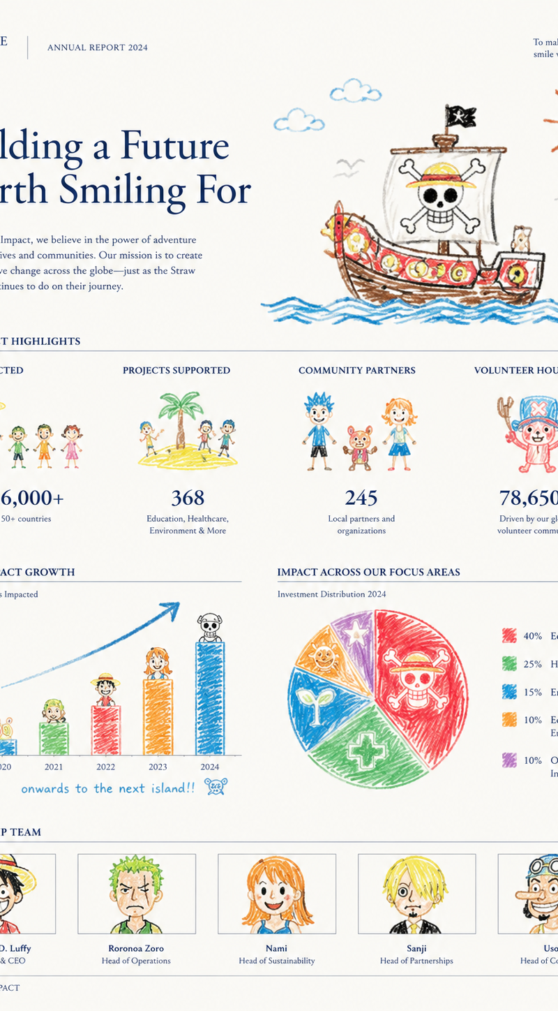 The visuals resemble a serious corporate annual report from One Piece Impact, bu