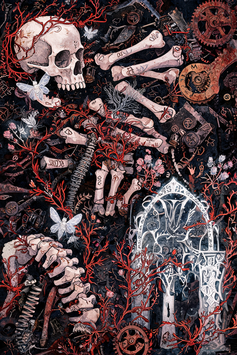 Olivier Ledroit风格，奇幻插画大师，极繁主义巅峰。画面被无数精细到极致的元素填满——分离的头骨、骨头、缠绕的藤蔓、古老的符文、破碎的机械、微小的精