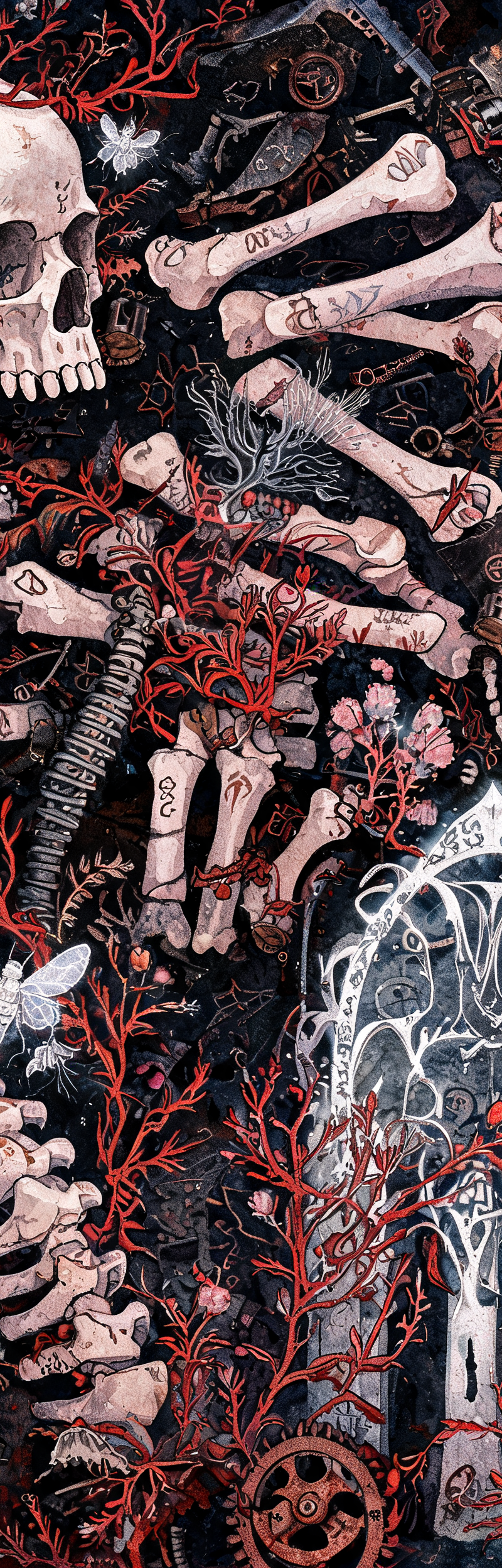 Olivier Ledroit风格,奇幻插画大师,极繁主义巅峰。画面被无数精细到极致的元素填满——分离的头骨、骨头、缠绕的藤蔓、古老的符文、破碎的机械、微小的精