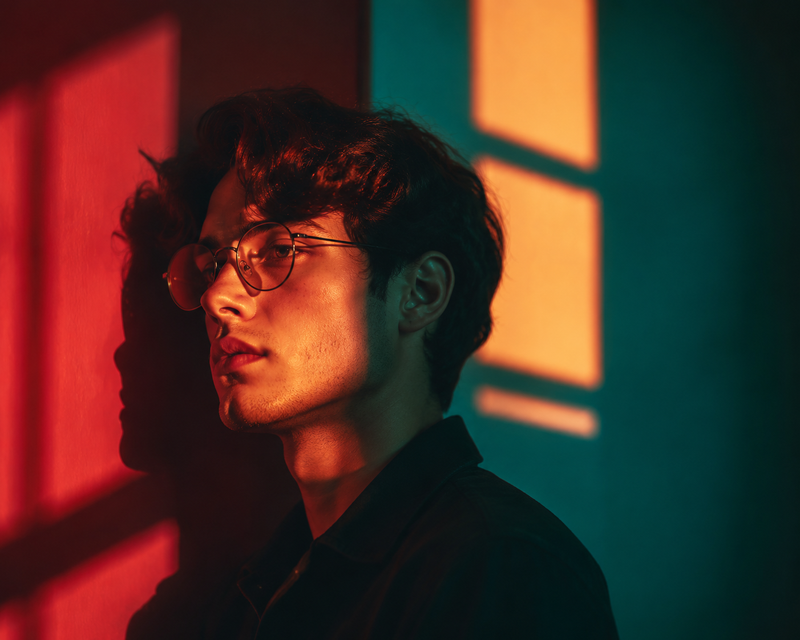 Cinematic portrait of a stylish young person wearing round glasses, standing bes