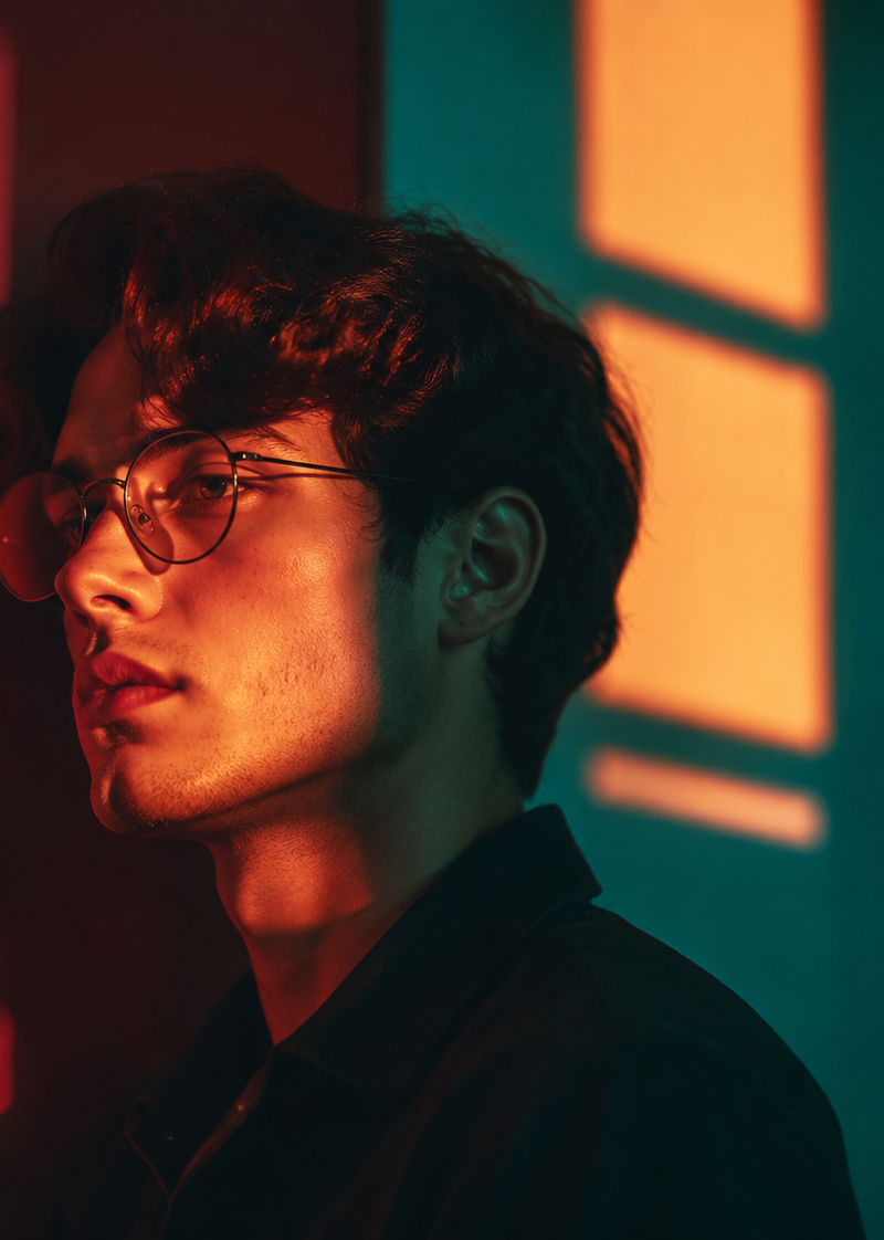 Cinematic portrait of a stylish young person wearing round glasses, standing bes