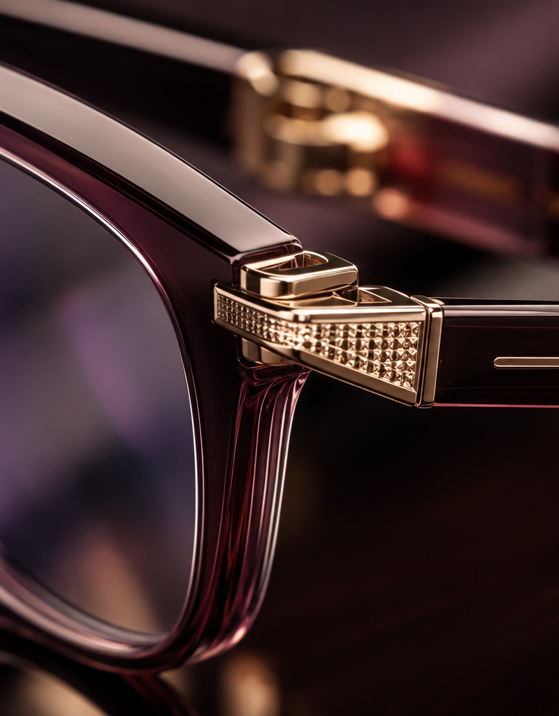 Create an extreme macro shot of the reference eyeglasses focusing on the frame,