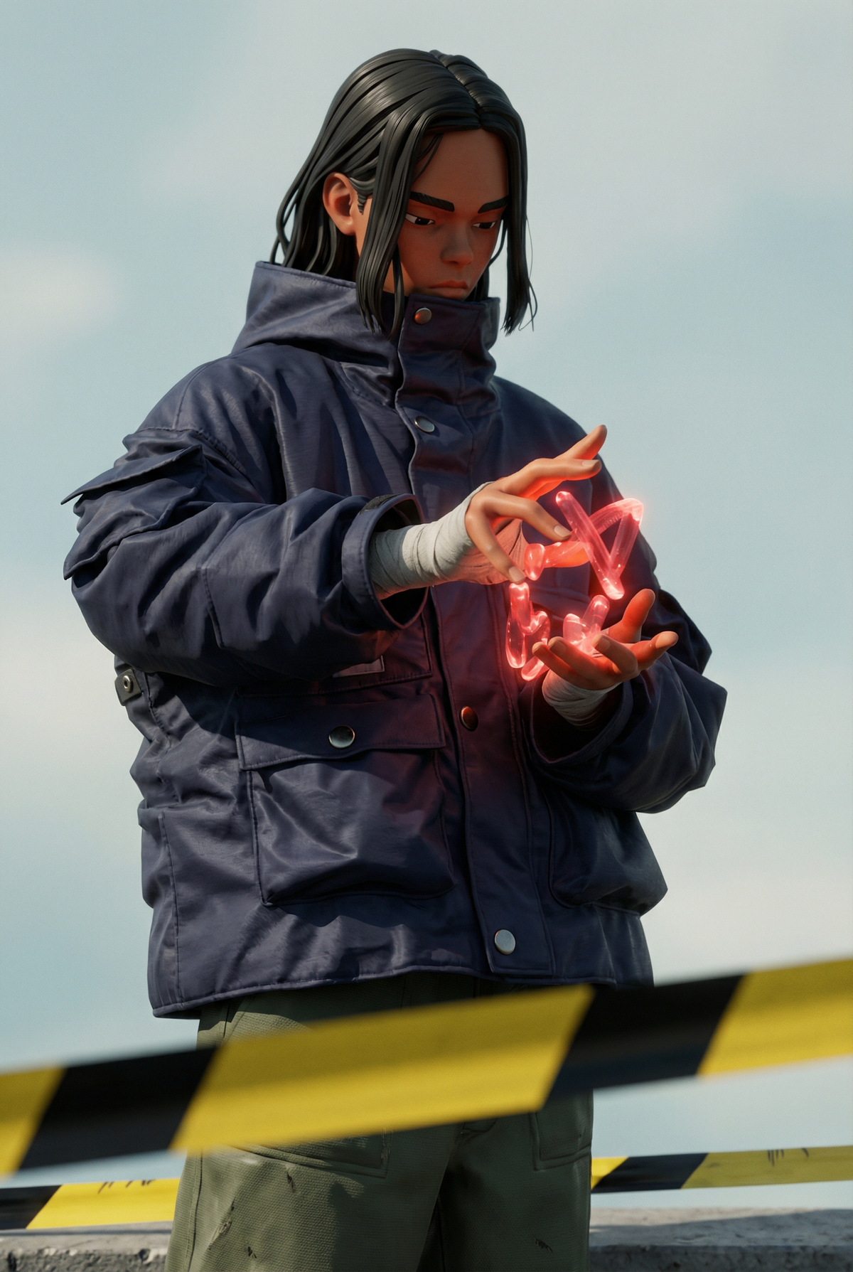 Convert @ character into a modern cinematic 3D render with a high-fashion grade,