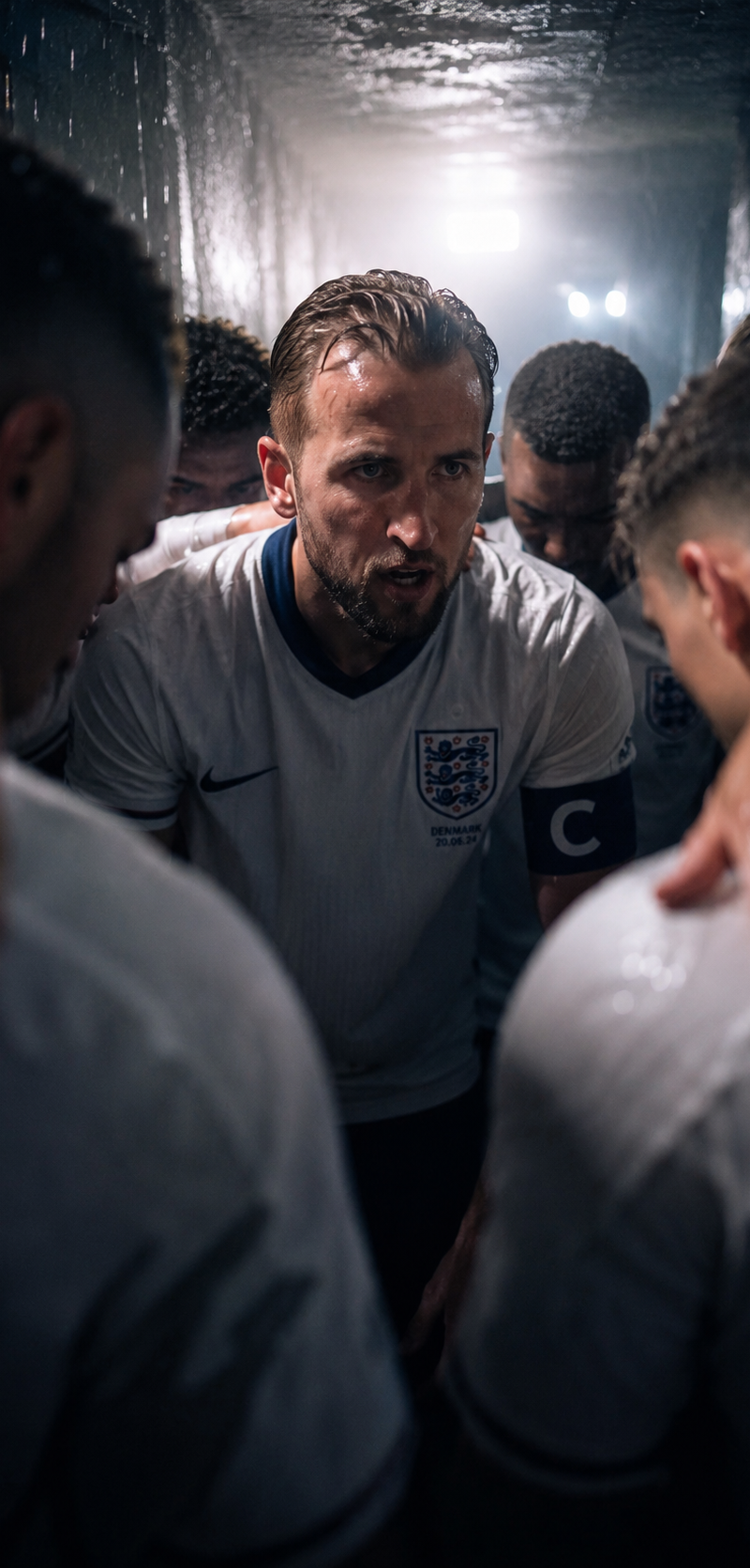 England — "Moody, cinematic scene of an England captain leading a pre-match hudd