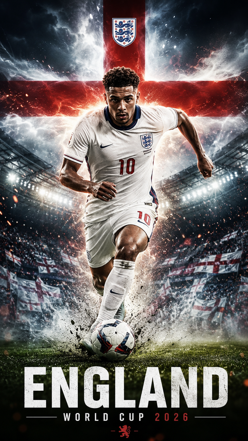 cinematic vertical sports poster 9:16, England national football team 2026, elit