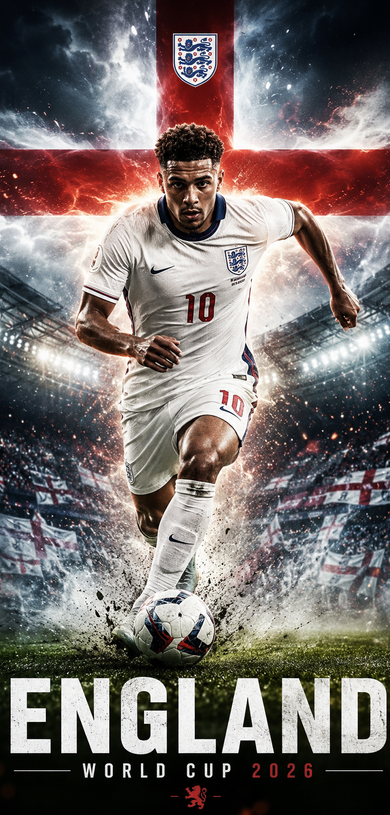 cinematic vertical sports poster 9:16, England national football team 2026, elit