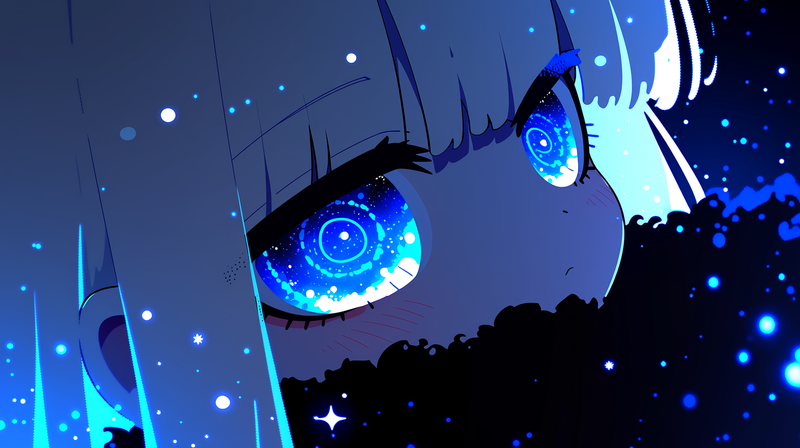 very detailed and mesmerizing glowing eyes with swirling galaxy patterns inside,