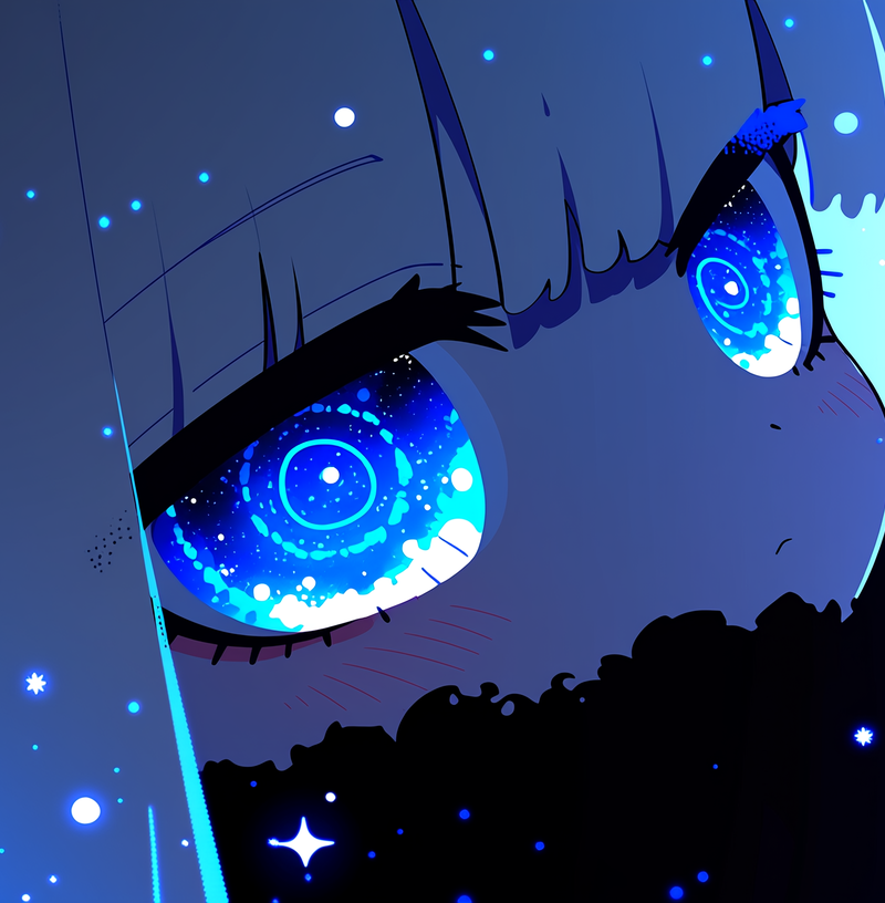 very detailed and mesmerizing glowing eyes with swirling galaxy patterns inside,