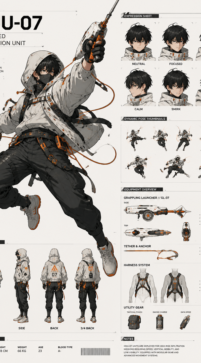 A dynamic character concept sheet showcases a "High-Speed Infiltration Unit" in 