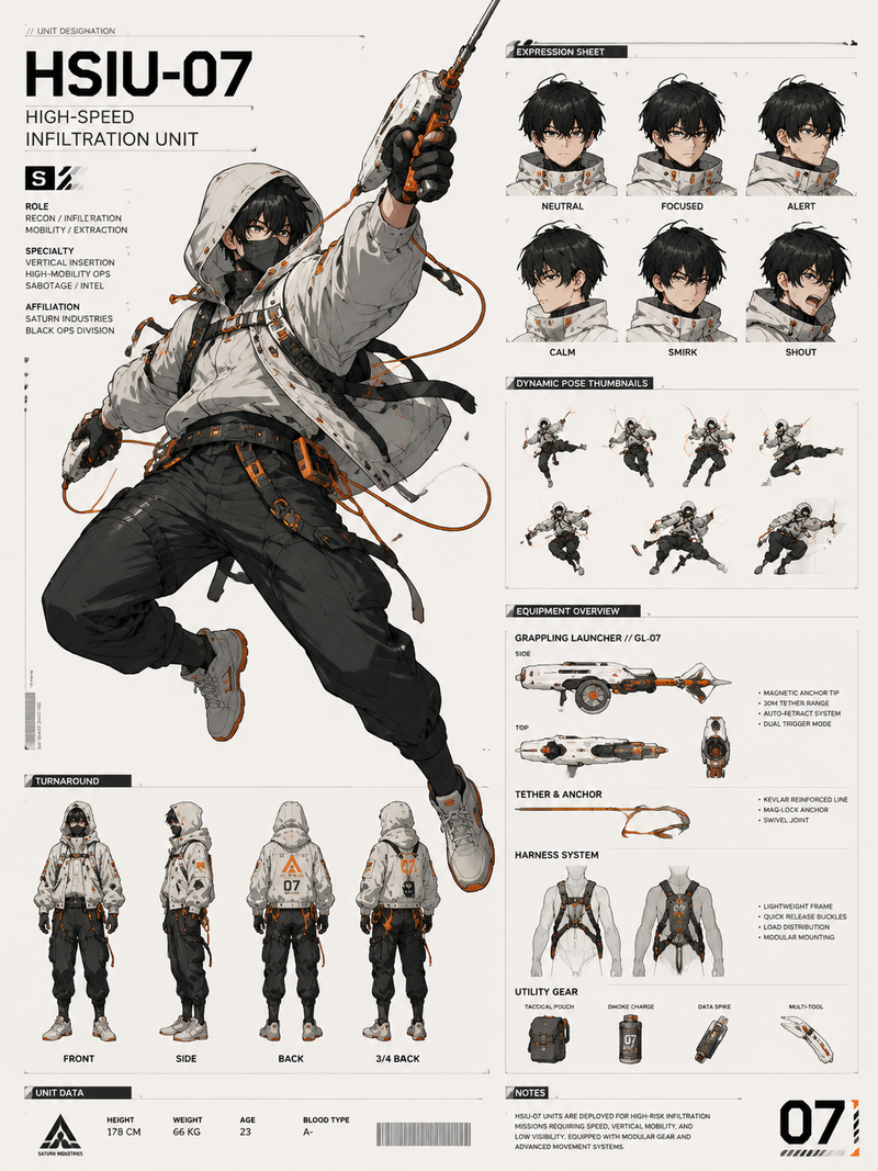 A dynamic character concept sheet showcases a "High-Speed Infiltration Unit" in
