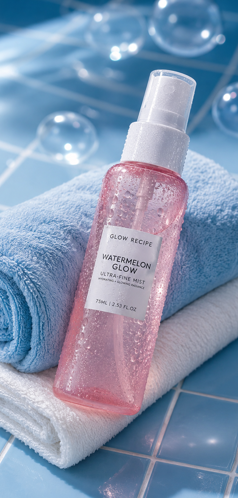 A translucent pink facial mist spray bottle with a white cap, covered in tiny co