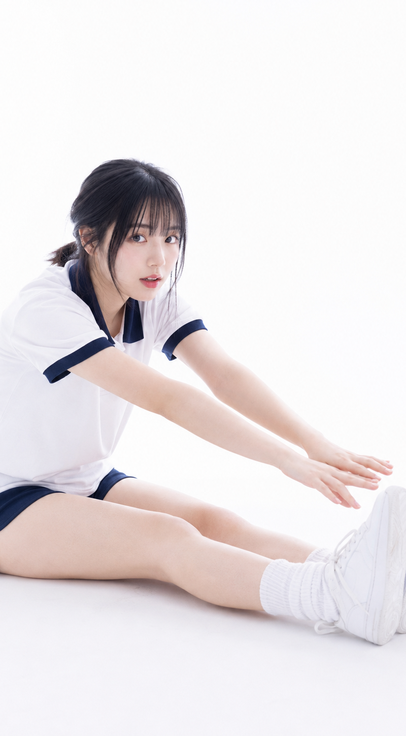 { "subject": { "description": "A young adult woman sitting on a pure white high-
