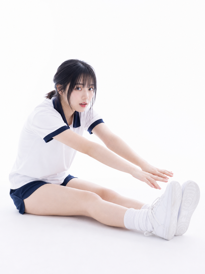 { "subject": { "description": "A young adult woman sitting on a pure white high-