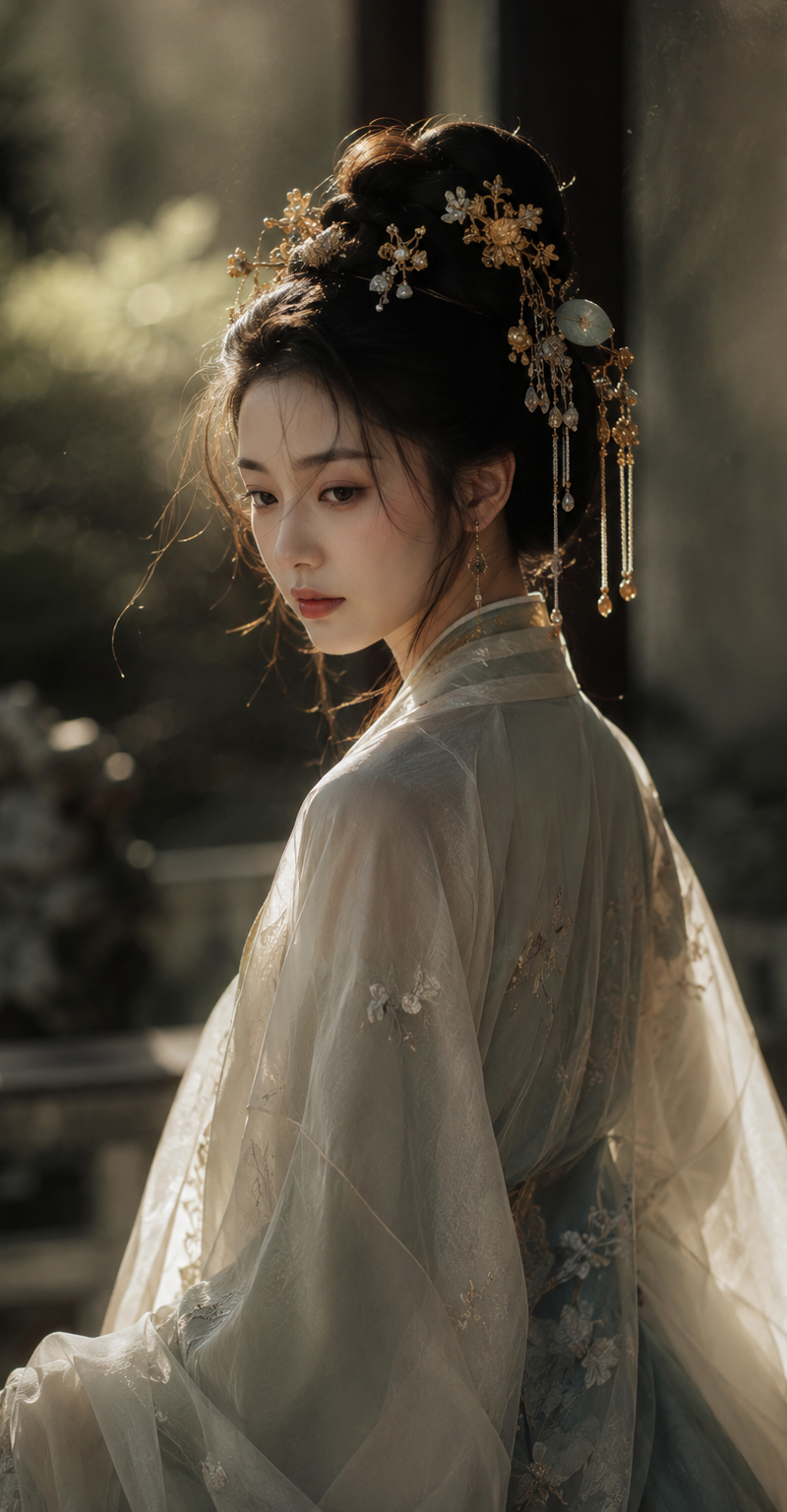 一位身着精致汉服的中国古典美女,面容清雅脱俗,肤如凝脂,眼神含蓄而深邃,发髻间点缀着古法金丝嵌玉步摇,丝绸质感的衣料在光线下呈现出细腻的光泽,衣褶自然垂坠,细节