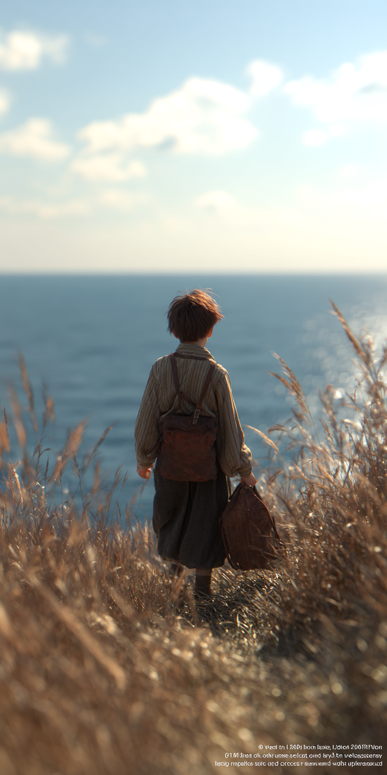 a wide natural scenery on a cliff, the sea soft in the background, a young boy w