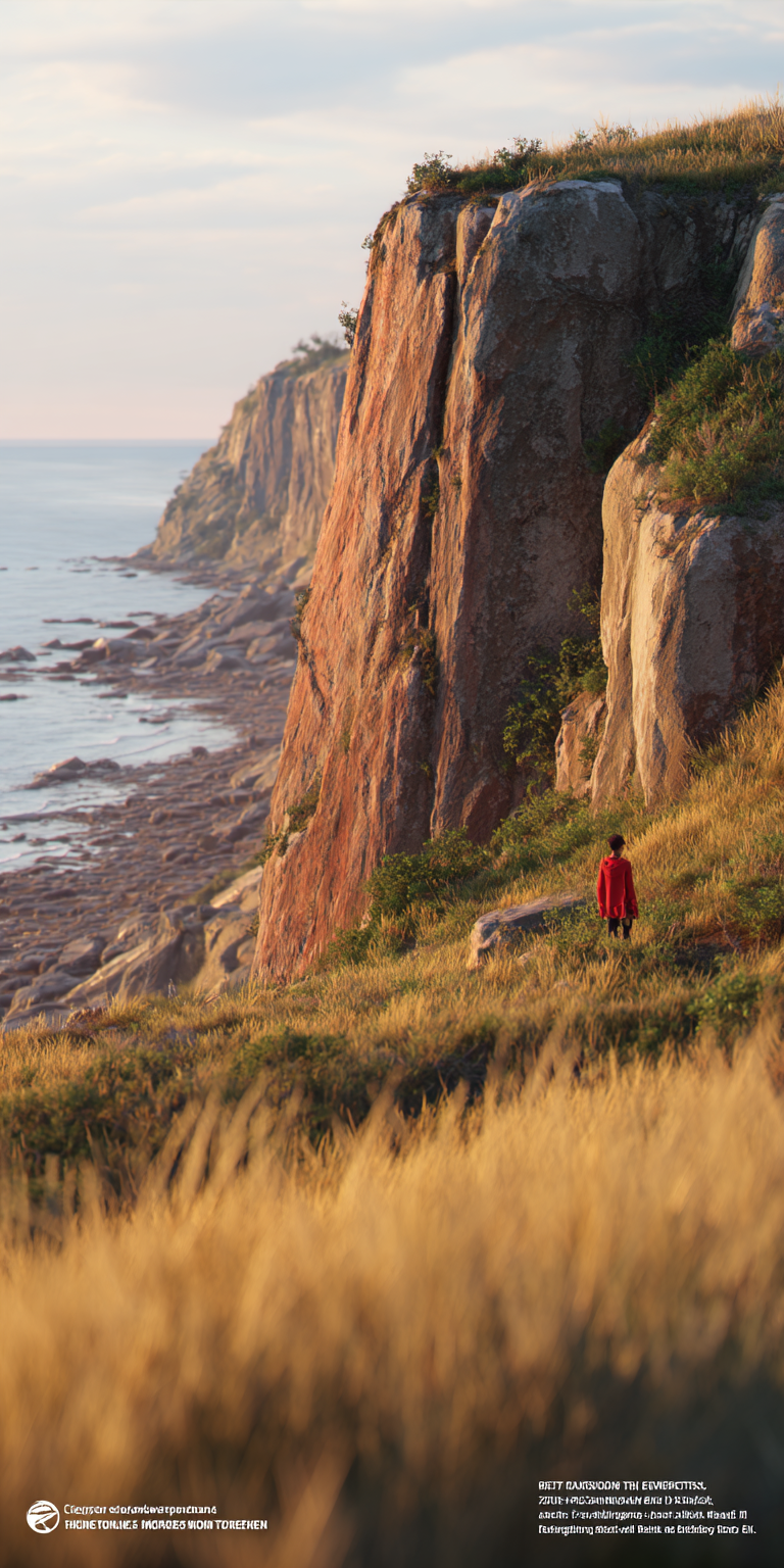 a wide natural scenery on a cliff, the sea soft in the background, a young boy w