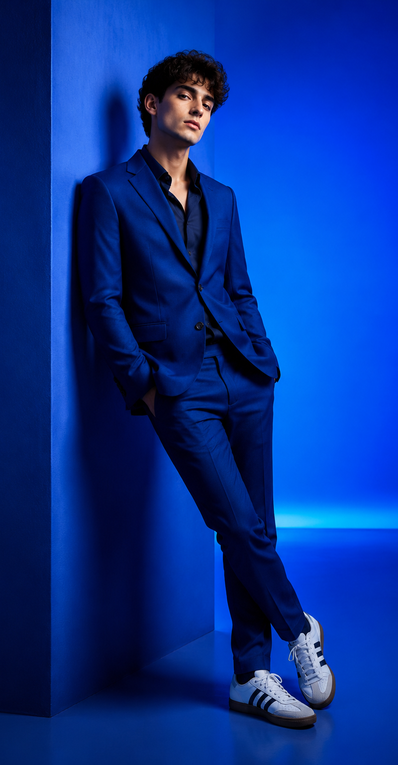 Full-body portrait of a young man in deep-blue suit and Adidas sneakers, leaning